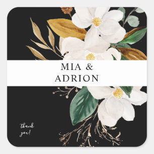 Sticker Carré Magnolia Merci floral blanc - bLACK