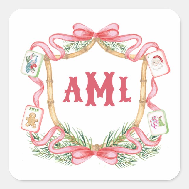 Sticker Carré Mahjong de Noël | Monogramme (Devant)