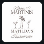 Sticker Carré Maillots de bain et martinis Élégante soirée de cé<br><div class="desc">Célébrez avec style et élégance, dans l'esprit d'une soirée cocktail, grâce à ce design personnalisé « Bikinis & Martinis » pour l'enterrement de vie de jeune fille. Caractérisé par une typographie élégante, des palmiers et des illustrations de martini, cette mise en page chic est parfaite pour les mariées modernes, les...</div>