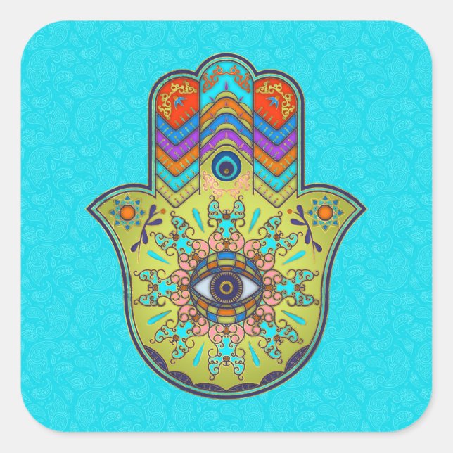 Sticker Carré Main Hamsa colorée avec cachemire (Devant)