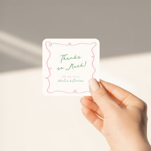 Sticker Carré Main Whimsical tirée rose et Merci vert