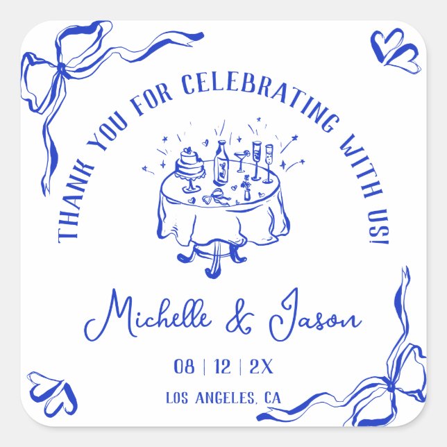 Sticker Carré Main Whimsical unique tiré Merci français Bow (Devant)