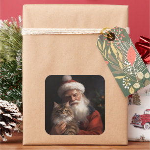 Sticker Carré Maine Coon avec Noël Festif du Père Noël
