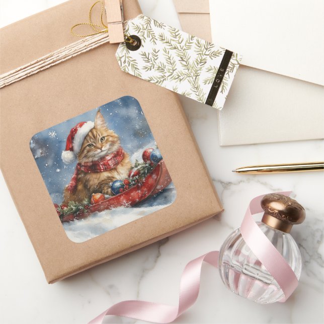 Sticker Carré Maine Coon Cat in Sledge Let it Snow Christmas (Cadeaux)