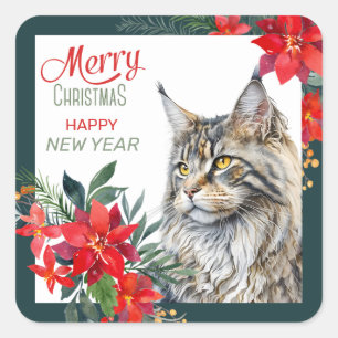 Sticker Carré Maine Coon Chat Poinsettia Frontière Noël