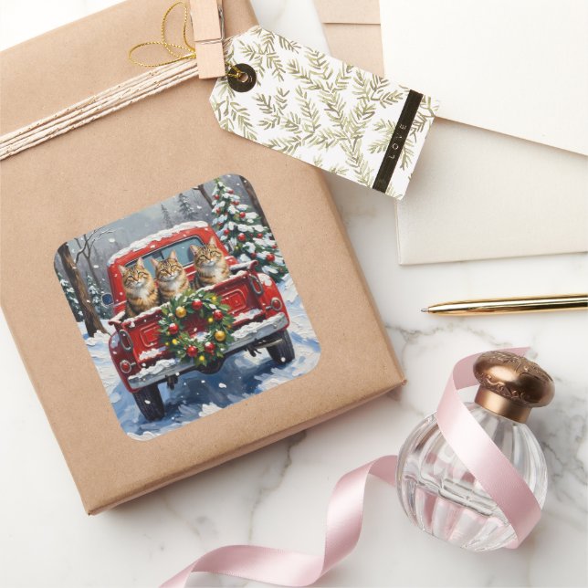 Sticker Carré Maine Coon Christmas Red Truck Holiday (Cadeaux)