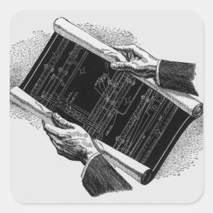 Sticker Carré Mains avec plans architecturaux bleus, entreprise 