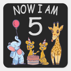 Sticker Carré Maintenant, j'ai 5 ans 5e anniversaire au Zoo