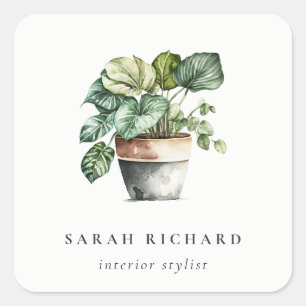Sticker Carré Maison à feuilles potées Plantes Aquarelle Botaniq