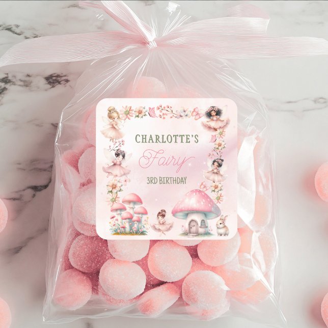 Sticker Carré Maison Champignon Fée Rose Anniversaire (Créateur téléchargé)