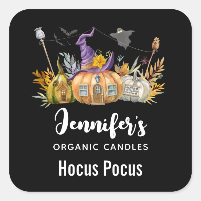 Sticker Carré Maison Citrouille hantée avec Fantôme & Chandelles (Devant)