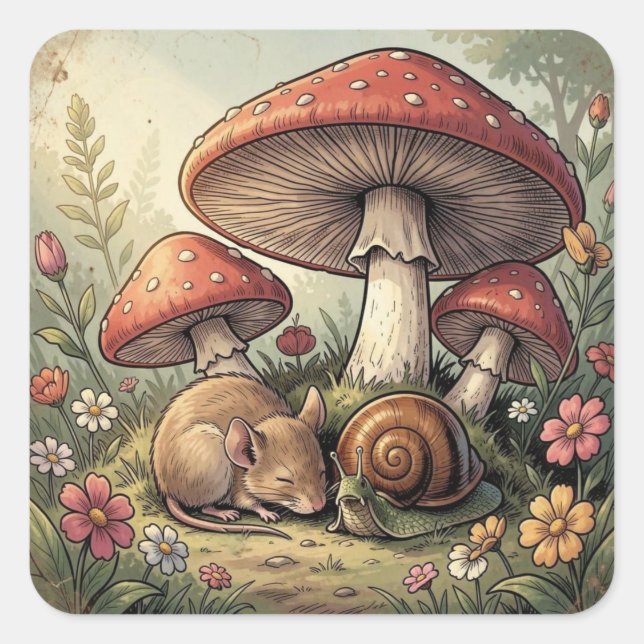 Sticker Carré Maison de Campagne Rétro Champignons et Faune (Devant)