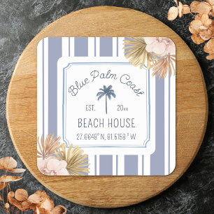 Sticker Carré Maison de plage rayures bleues Coastal Boho ferme