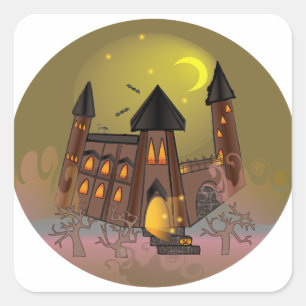 Sticker Carré Maison de sorcière éffrayante Halloween et château
