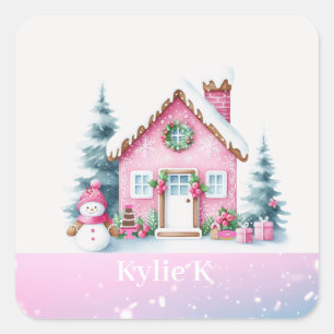 Sticker Carré Maison en pain d'épice personnalisée pour Noël ros