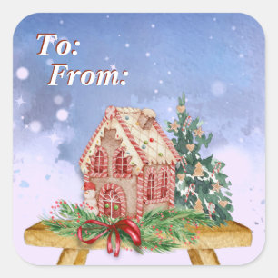 Sticker Carré Maison en pain d'épices de Noël Aquarelle de & de