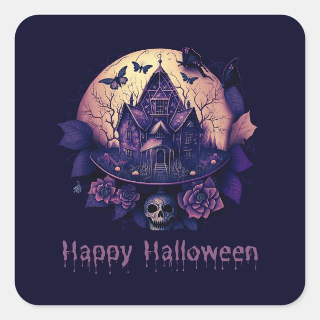 Sticker Carré Maison gothique violet foncé Hauny Halloween heure (Devant)