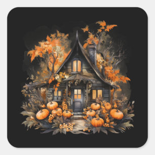 Sticker Carré Maison hantée avec Halloween Citrouille