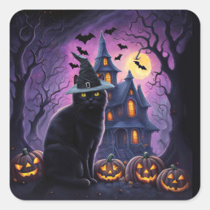 Sticker Carré Maison hantée de chat noir Halloween Chauves-souri