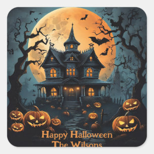 Sticker Carré Maison hantée d'Halloween avec Citrouilles Déplais