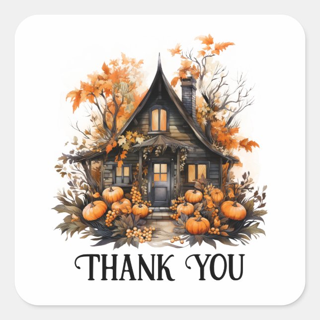 Sticker Carré Maison hantée d'Halloween avec Merci Citrouille (Devant)