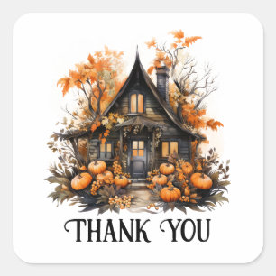 Sticker Carré Maison hantée d'Halloween avec Merci Citrouille