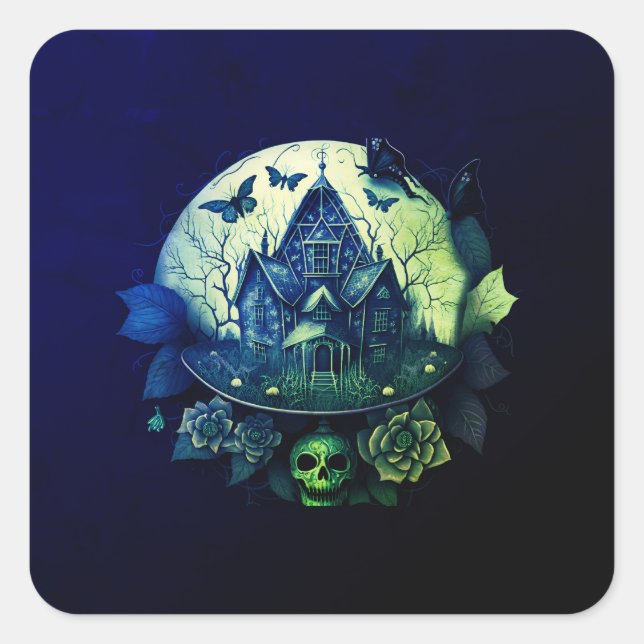 Sticker Carré Maison hantée gothique verte et violette (Devant)