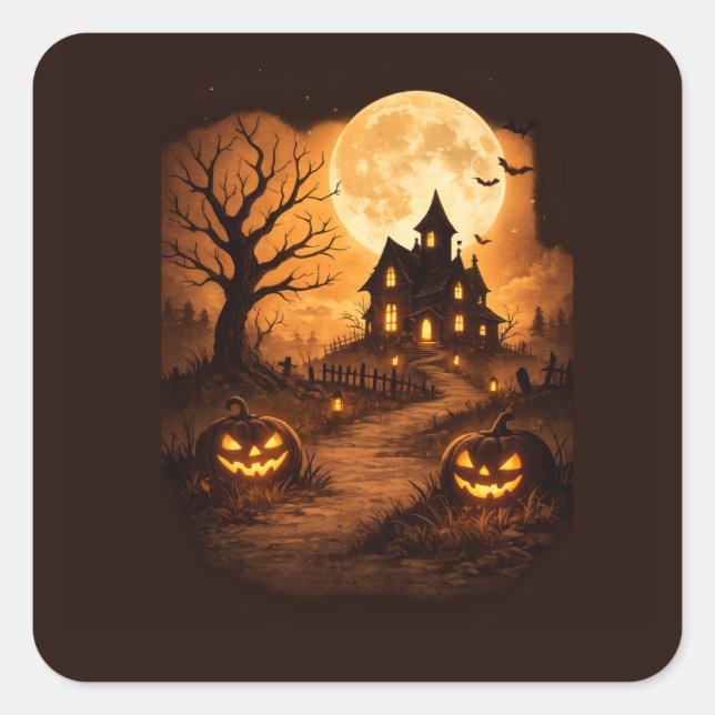 Sticker Carré Maison Hantée Halloween Épouvante  (Devant)