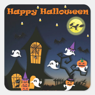 Sticker Carré Maison hantée joyeuse Halloween