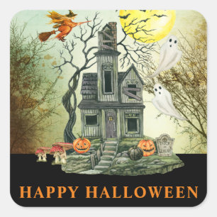 Sticker Carré Maison Hantée Joyeux Halloween