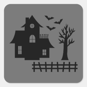 Sticker Carré Maison hantée Silhouette Avec Chauves-souris Gris