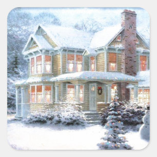 Sticker Carré Maison vintage En Hiver