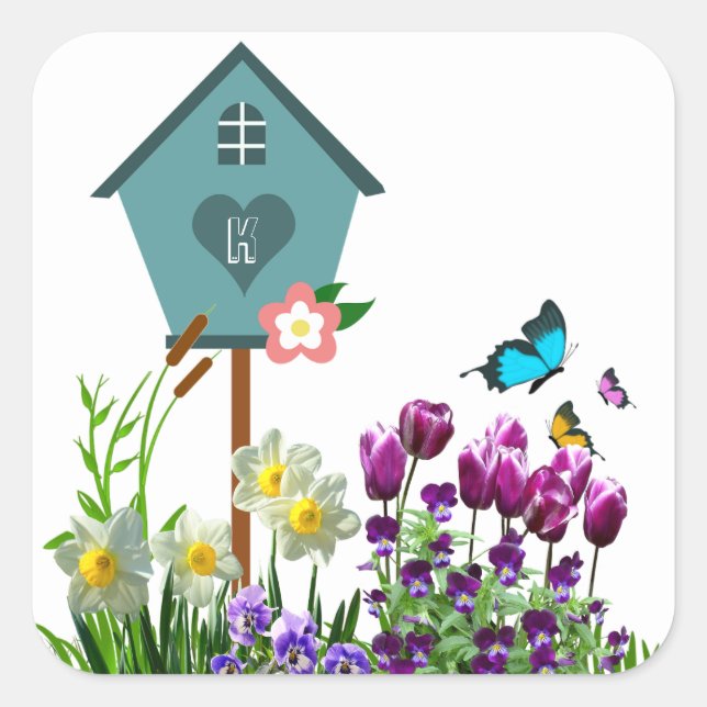 Sticker Carré Maisonnette bleue dans un jardin de fleurs papillo (Devant)