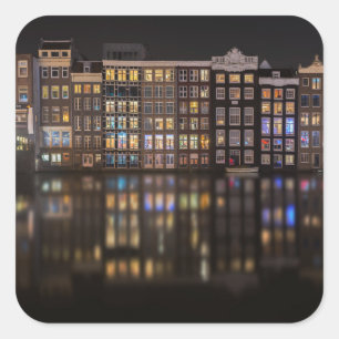 Sticker Carré Maisons d'Amsterdam avec lumières colorées dans la
