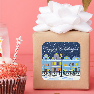 Sticker Carré Maisons De Ville Vintages Dans Paysage De Neige