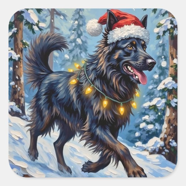 Sticker Carré Majestic Belgian Shepherd Snow Forest Christmas (Devant)