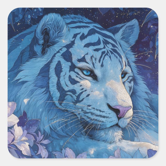 Sticker Carré Majestic Blue Tiger in Lush Lavender Garden (Devant)