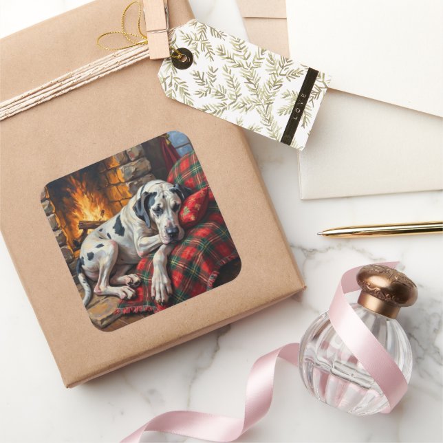 Sticker Carré Majestic Great Dane Asleep by Fireplace Cozy (Cadeaux)