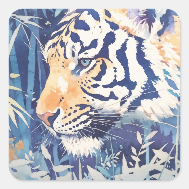 Sticker Carré Majestic Tiger in Blue Bamboo Botanical Nature (Devant)