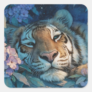 Sticker Carré Majestueux Tigre Endormi dans un Jardin Floral Vio