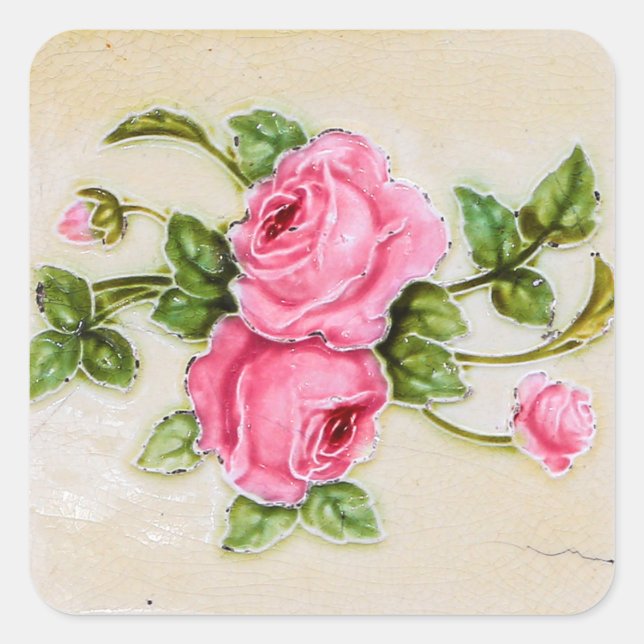 Sticker Carré Majolica Vintage Rose Floral Carrelage (Devant)