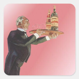 Sticker Carré Majordome vintage en smoking servant du vin sur un