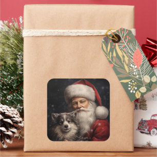 Sticker Carré Malamute d'Alaska avec le Père Noël Noël