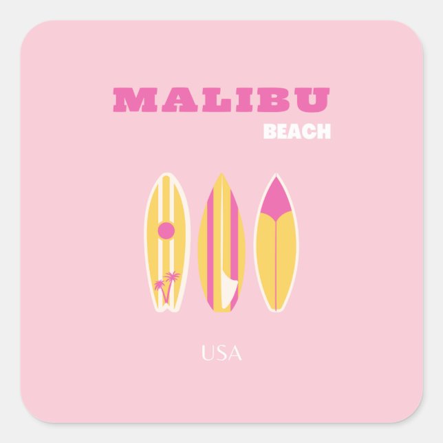 Sticker Carré Malibu, Plage de Malibu, Preppy, Rose (Devant)