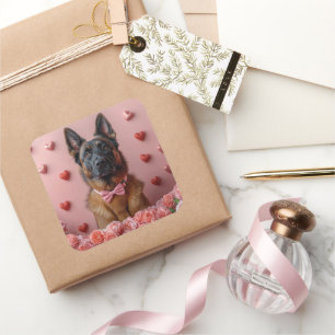 Sticker Carré Malinois belge avec Rose - Saint Valentin
