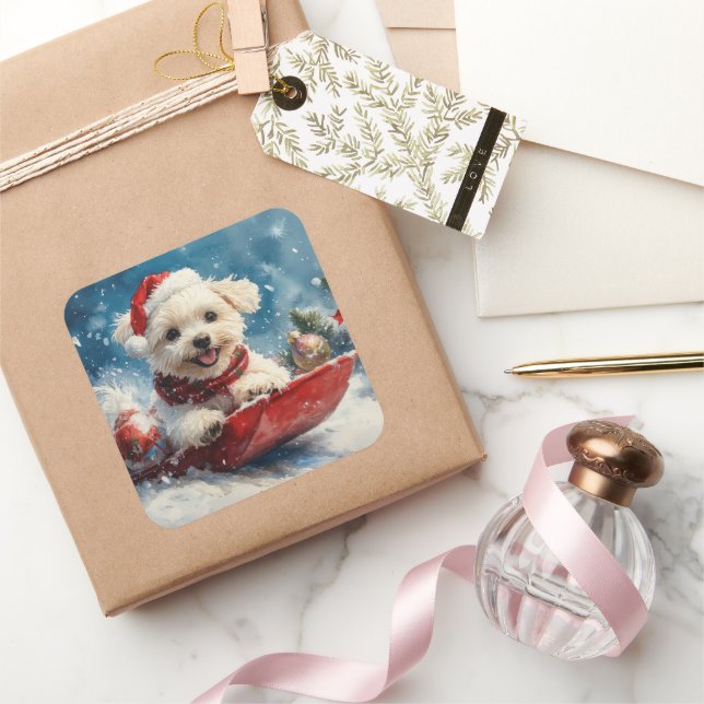 Sticker Carré Maltese Dog in Sledge Let it Snow Christmas (Cadeaux)