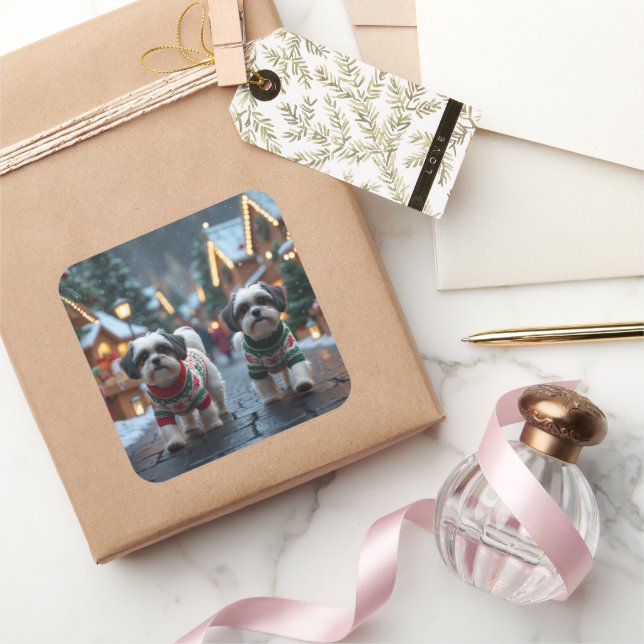 Sticker Carré Malti Tzu Dogs Christmas Snow Holiday (Cadeaux)