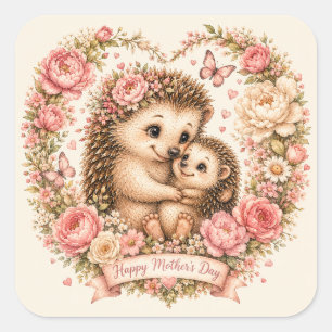 Sticker Carré Mama Florale & Bébé Hérisson Cottagecore