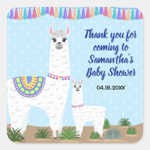 Sticker Carré Mama Llama et Baby Blue Polka Dot Baby shower