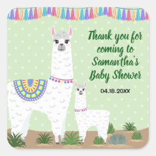 Sticker Carré Mama Llama et le Baby shower à points Polka Green